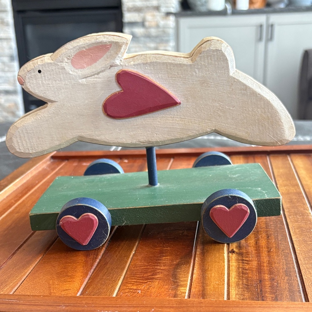 Handcrafted Wooden Bunny Decor with Heart Accents Folk Art